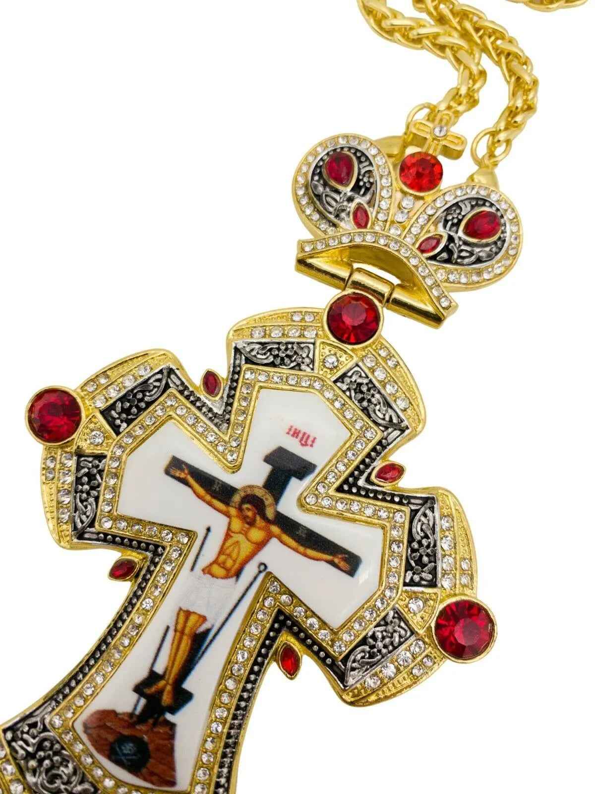 Red Crystals Gold Pectoral Cross Clergy Priest Bishop Pendant 23" Necklace