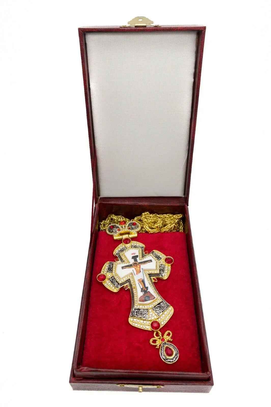 Red Crystals Gold Pectoral Cross Clergy Priest Bishop Pendant 23" Necklace