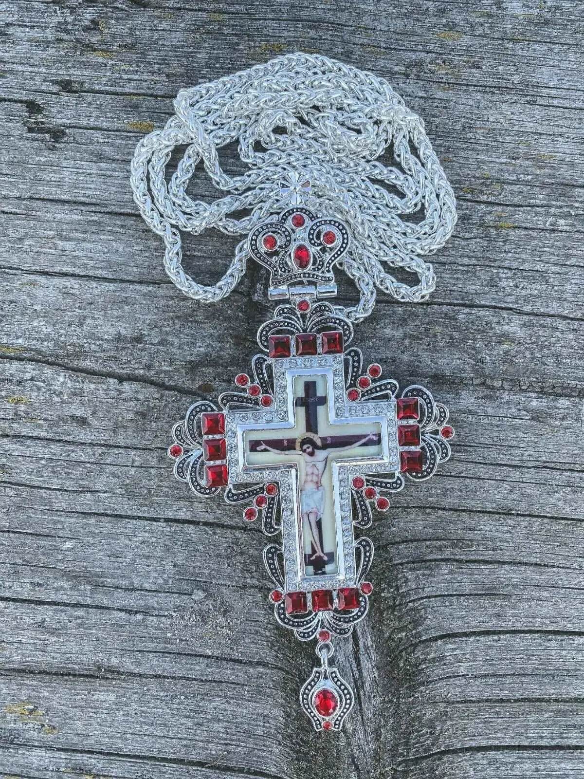 Red Crystal Pectoral Cross Pendant Clergy Necklace Jesus Christ for Priest & Bishop - Nazareth Store
