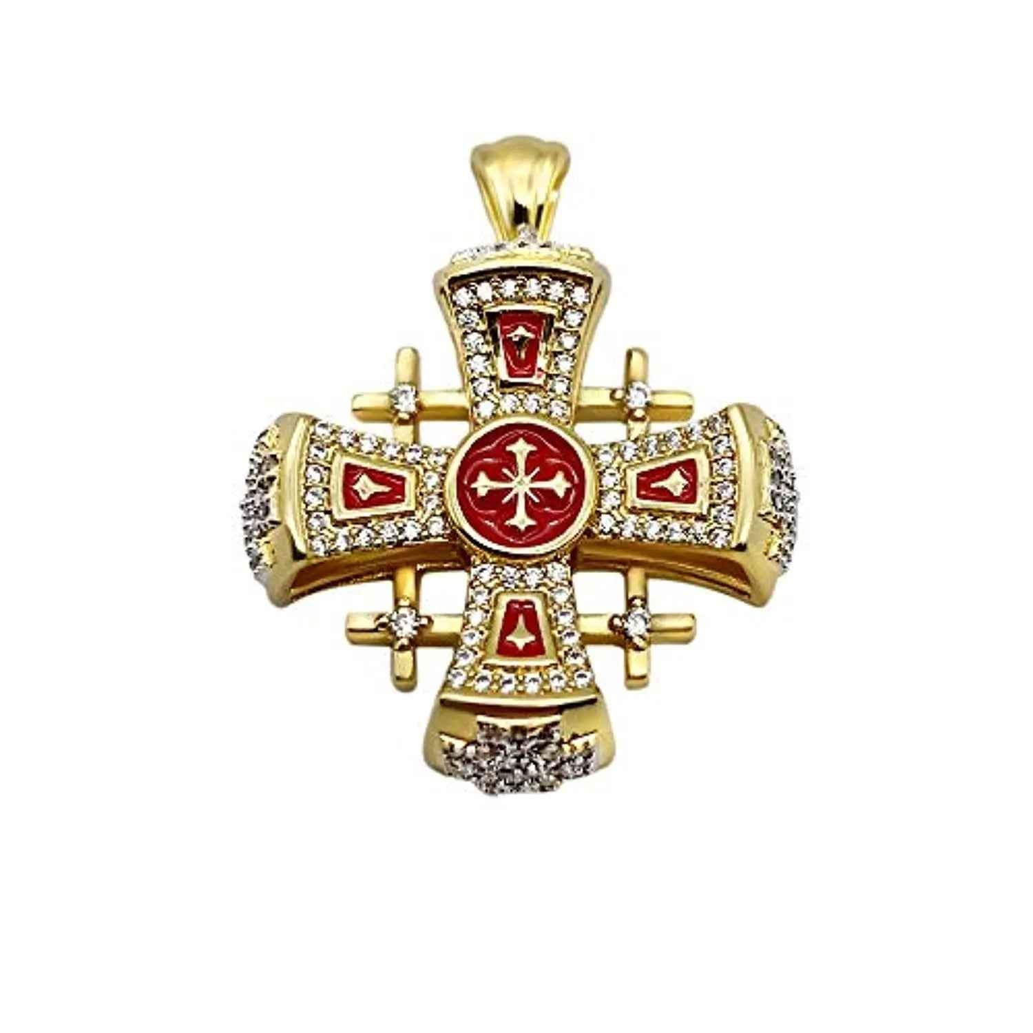 Red Enamel Jerusalem Crusader Cross Pendant Silver 925 Yellow Gold 18k Plated Rhinestones1.3"