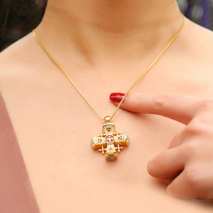 Red Enamel Jerusalem Crusader Cross Pendant Silver 925 Yellow Gold 18k Plated Rhinestones1.3"