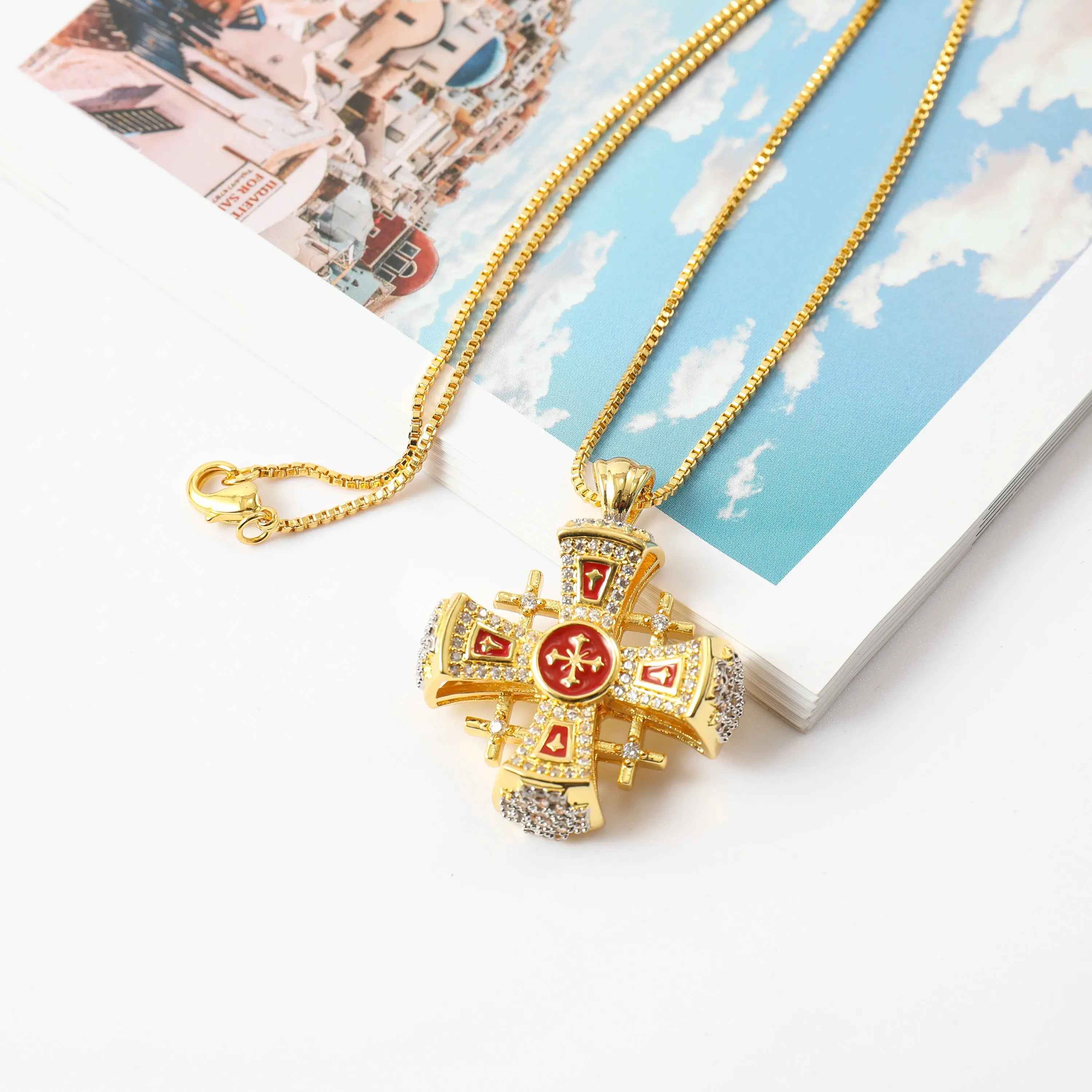 Red Enamel Jerusalem Crusader Cross Pendant Silver 925 Yellow Gold 18k Plated Rhinestones1.3"