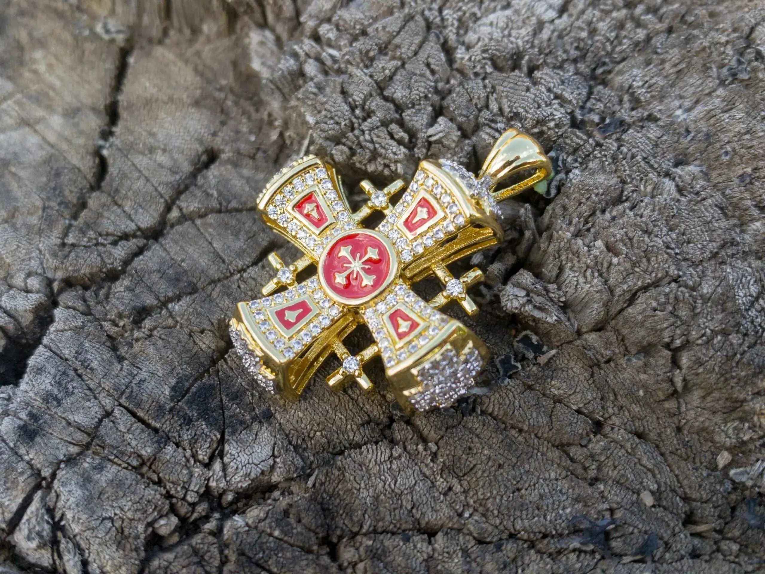 Red Enamel Jerusalem Crusader Cross Pendant Silver 925 Yellow Gold 18k Plated Rhinestones1.3"