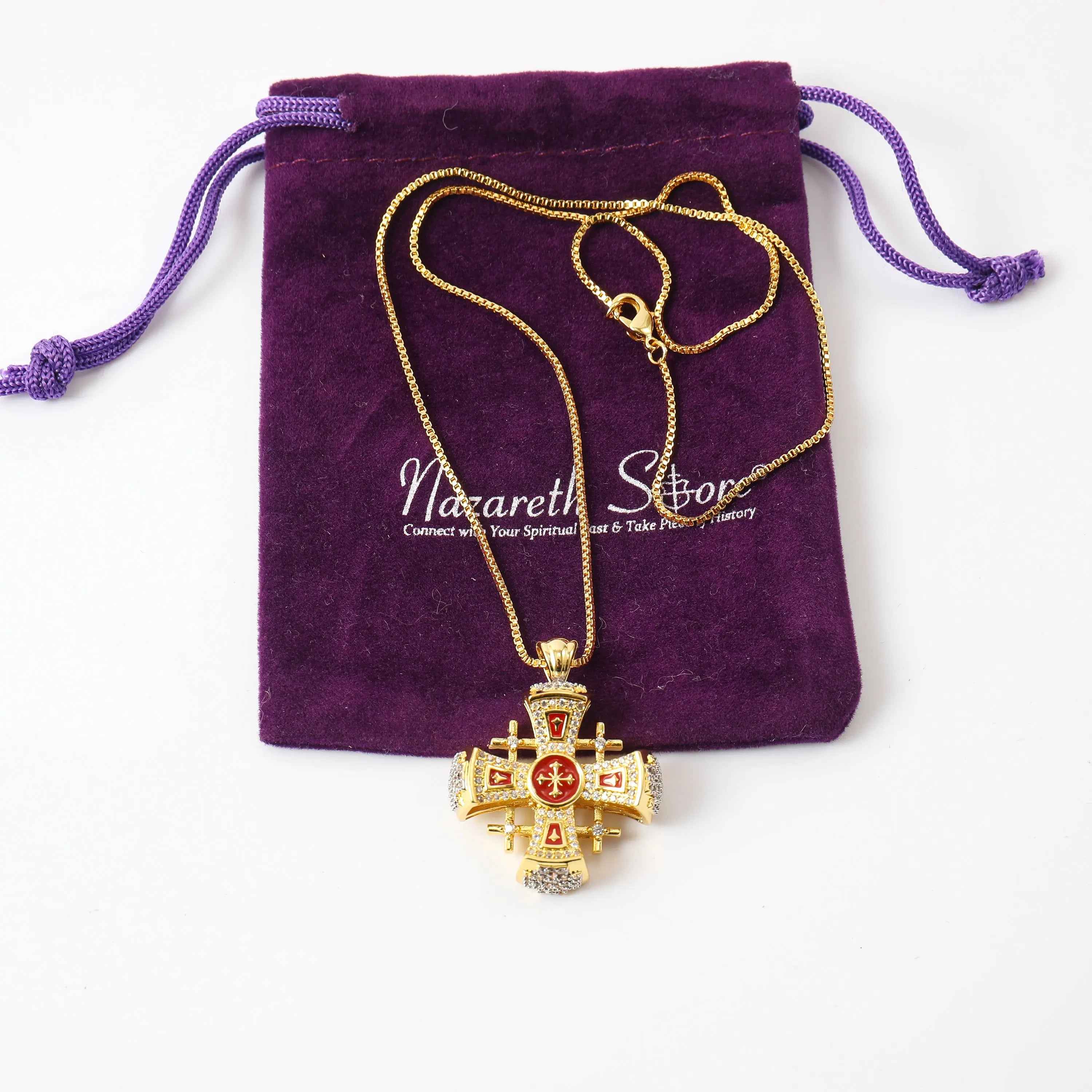 Jerusalem Crusader Cross Pendant Red Enamel Sterling Silver 925 Base 18K Yellow Gold Plating with Clear Rhinestones - Nazareth Store