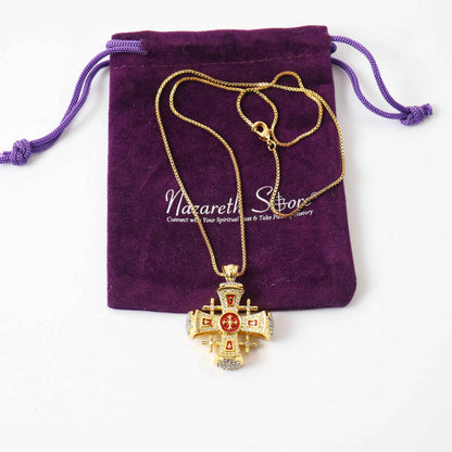 Jerusalem Crusader Cross Pendant Red Enamel Sterling Silver 925 Base 18K Yellow Gold Plating with Clear Rhinestones - Nazareth Store