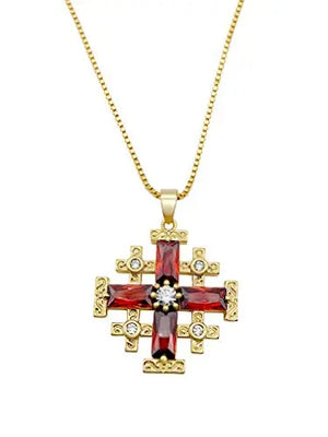 Collana cattolica con ciondolo croce placcata oro con granato rosso e vetro cristallizzato 20"