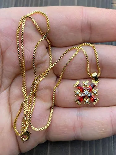Red Garnet Jerusalem Cross Pendant Gold Plated Catholic Necklace Crystallized Glass 20" Nazareth Store
