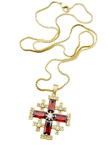 Red Garnet Jerusalem Cross Pendant Gold Plated Catholic Necklace Crystallized Glass 20" Nazareth Store