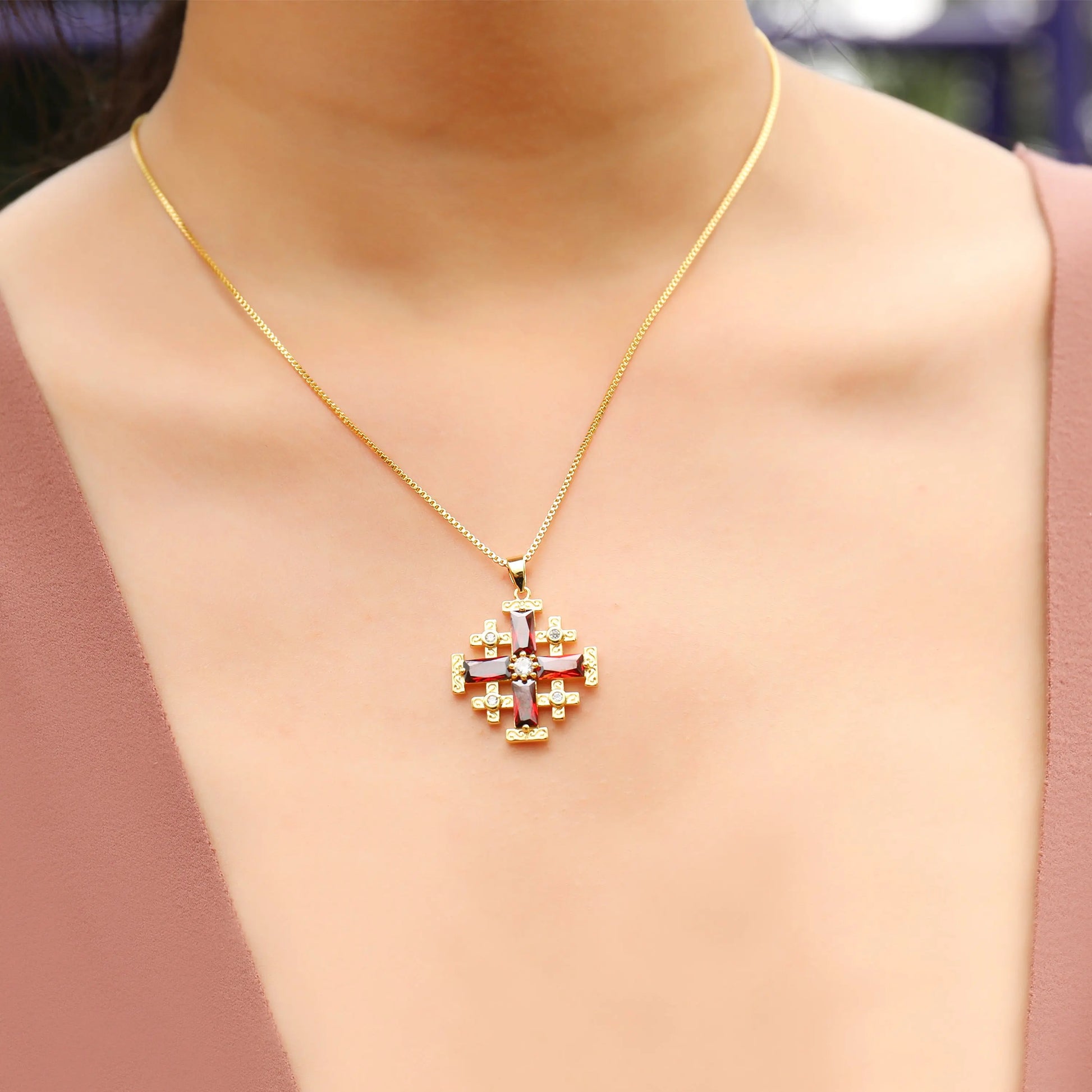 Red Garnet Jerusalem Cross Pendant Gold Plated Catholic Necklace Crystallized Glass 20" Nazareth Store