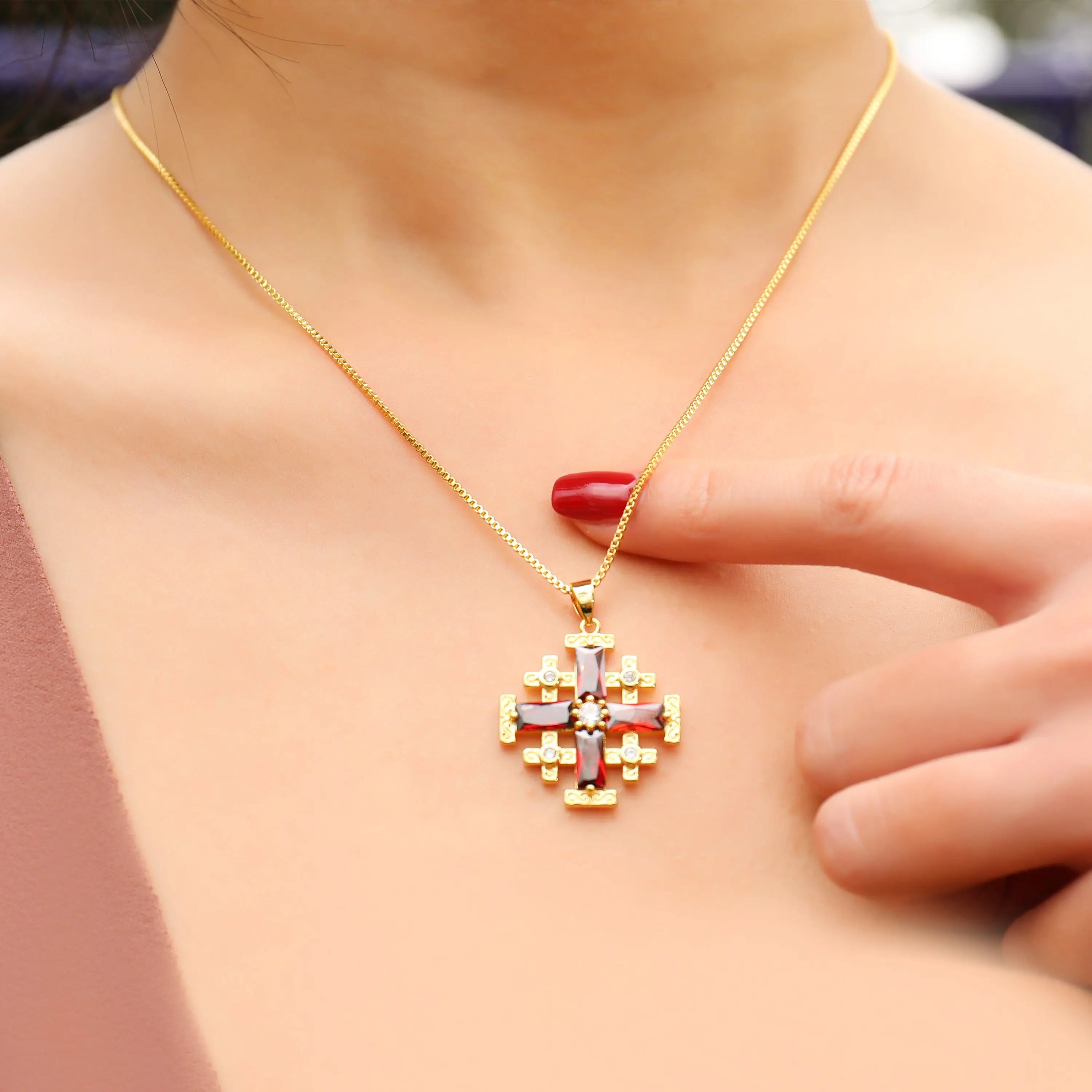 Red Garnet Jerusalem Cross Pendant Gold Plated Catholic Necklace Crystallized Glass 20" Nazareth Store