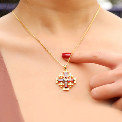 Red Garnet Jerusalem Cross Pendant Gold Plated Catholic Necklace Crystallized Glass 20" Nazareth Store