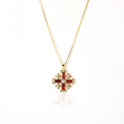 Red Garnet Jerusalem Cross Pendant Gold Plated Catholic Necklace Crystallized Glass 20" Nazareth Store