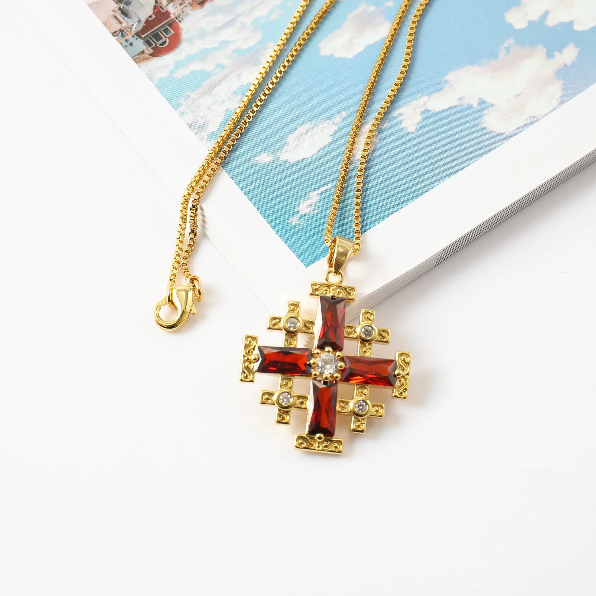 Red Garnet Jerusalem Cross Pendant Gold Plated Catholic Necklace Crystallized Glass 20" Nazareth Store