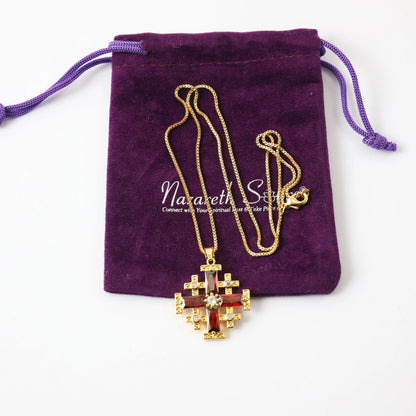 Red Garnet Jerusalem Cross Pendant Gold Plated Catholic Necklace Crystallized Glass 20" Nazareth Store