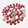 Red Pearl Beads Rosary White Flowers Necklace Lourdes Medal & Cross Crucifix Nazareth Store