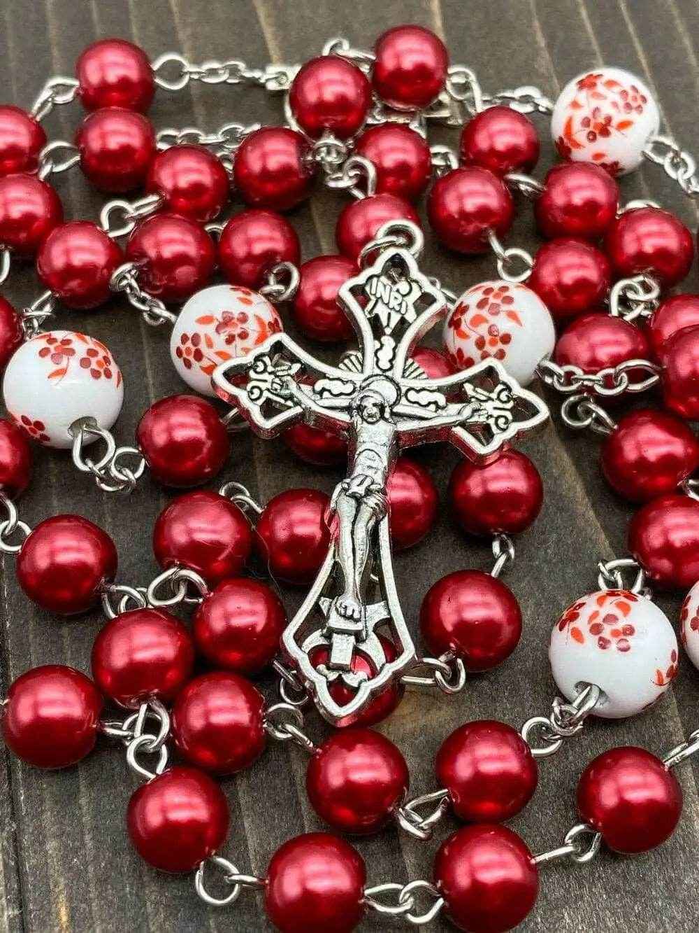 Red Pearl Beads Rosary White Flowers Necklace Lourdes Medal & Cross Crucifix