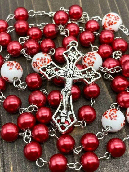 Red Pearl Beads Rosary White Flowers Necklace Lourdes Medal & Cross Crucifix