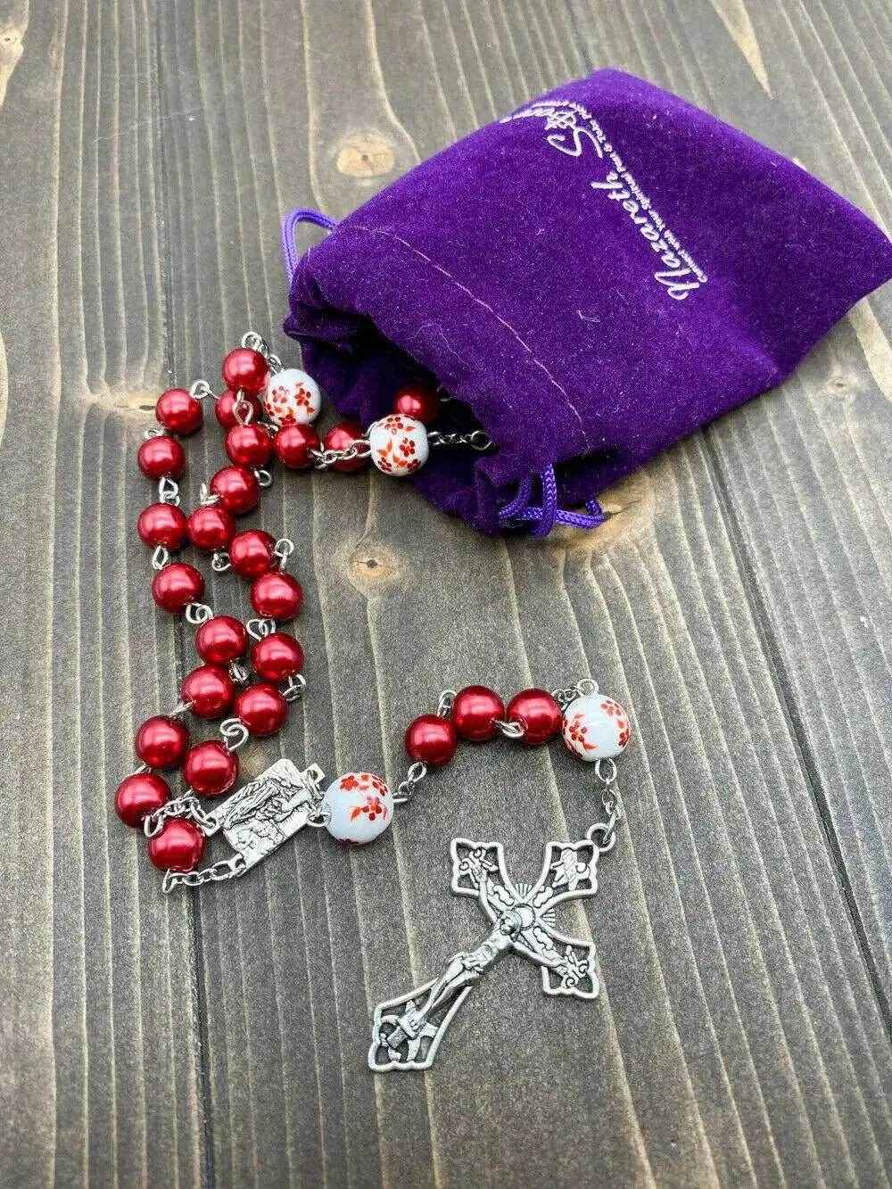 Red Pearl Beads Rosary White Flowers Necklace Lourdes Medal & Cross Crucifix