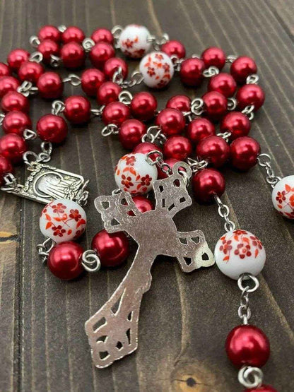 Red Pearl Beads Rosary White Flowers Necklace Lourdes Medal & Cross Crucifix