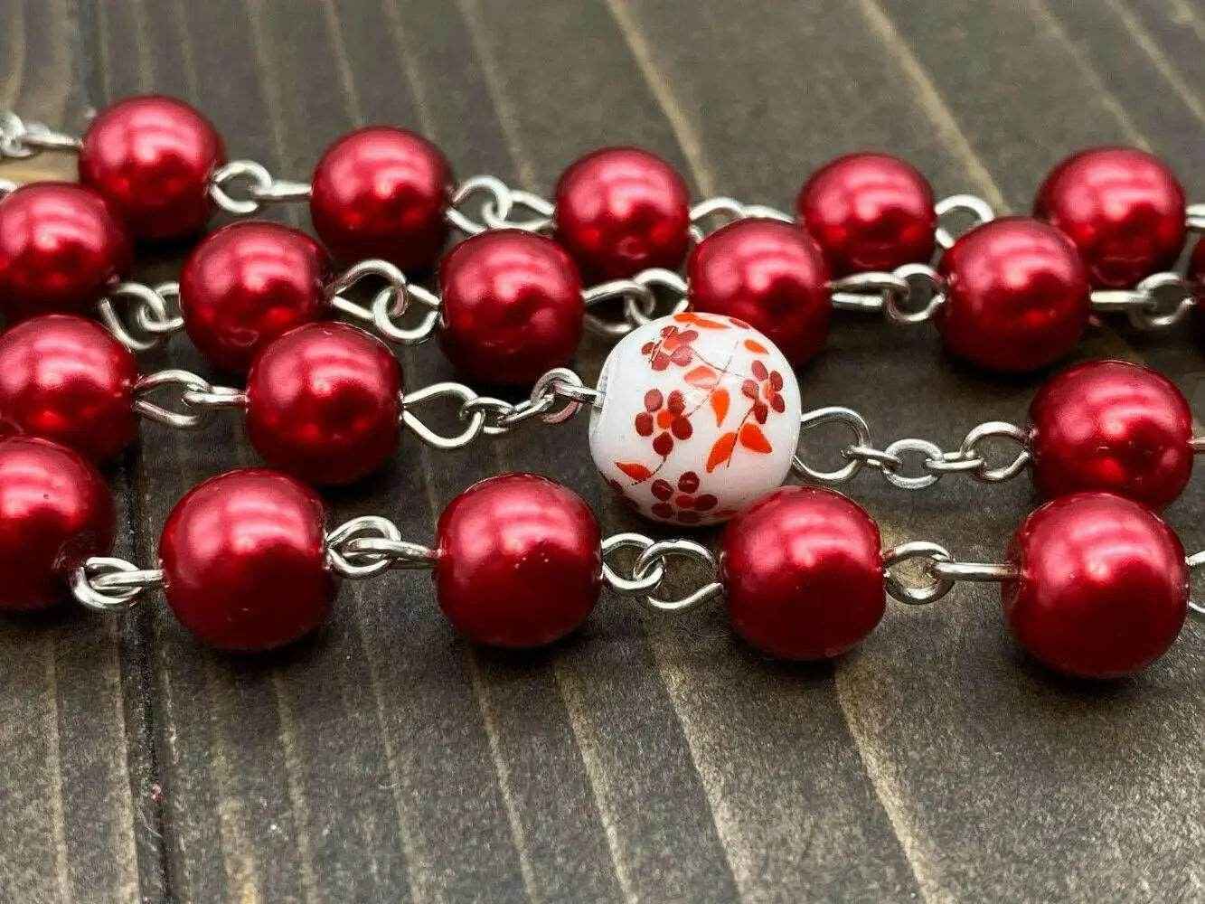 Red Pearl Beads Rosary White Flowers Necklace Lourdes Medal & Cross Crucifix