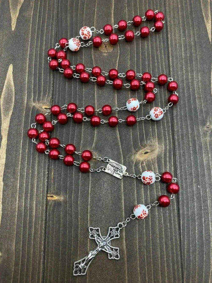 Red Pearl Beads Rosary White Flowers Necklace Lourdes Medal & Cross Crucifix