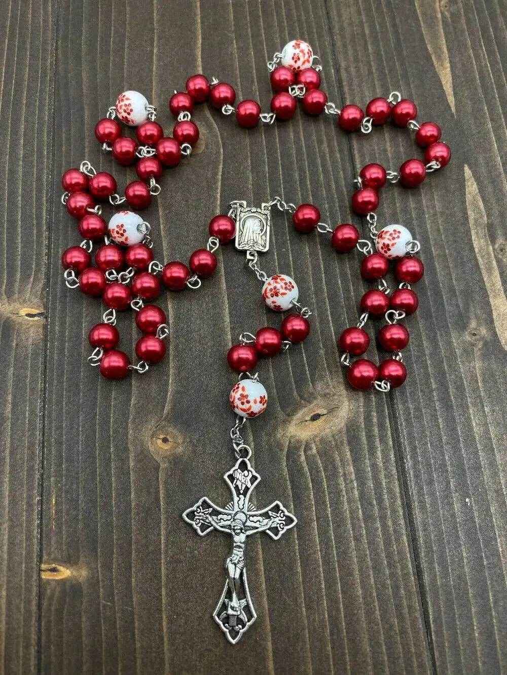 Red Pearl Beads Rosary White Flowers Necklace Lourdes Medal & Cross Crucifix