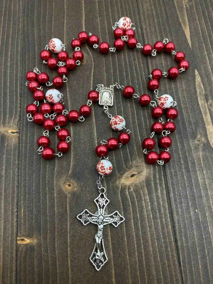 Red Pearl Beads Rosary White Flowers Necklace Lourdes Medal & Cross Crucifix