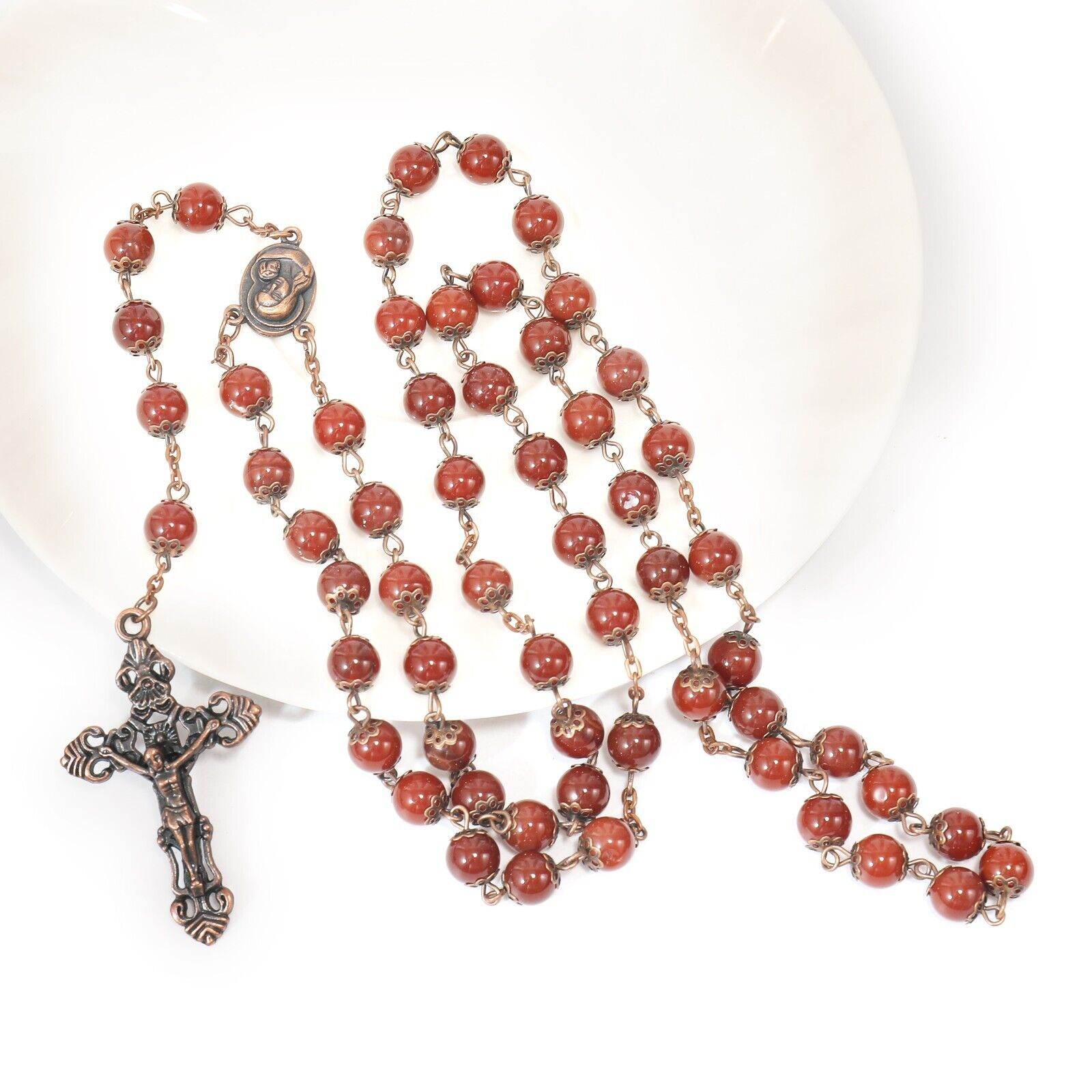 Red Carnelian Natural Stone Rosary Necklace with Holy Soil Medal & Crucifix Cross - Nazareth Store