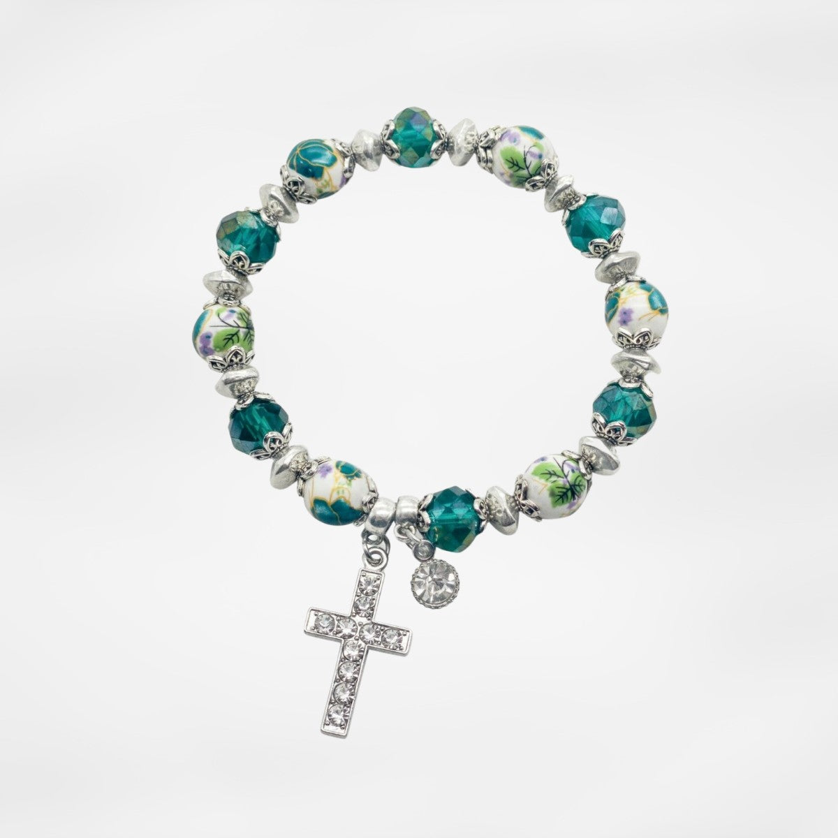 Religious Cross Bracelet Christian Classic Beaded Bangle Green Crystals Nazareth Store