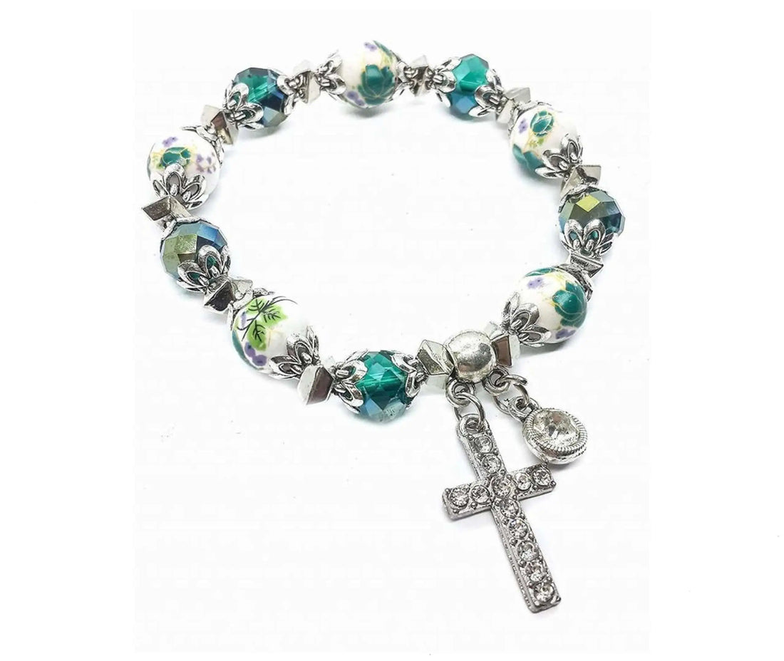 Religious Cross Bracelet Christian Classic Beaded Bangle Green Crystals Nazareth Store