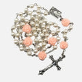 Rosary Necklace White Pearl Beads Pink Beaded Roses Our Rose Lourdes Medal & Cross Nazareth Store
