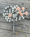 Rosary Necklace White Pearl Beads Pink Beaded Roses Our Rose Lourdes Medal & Cross Nazareth Store