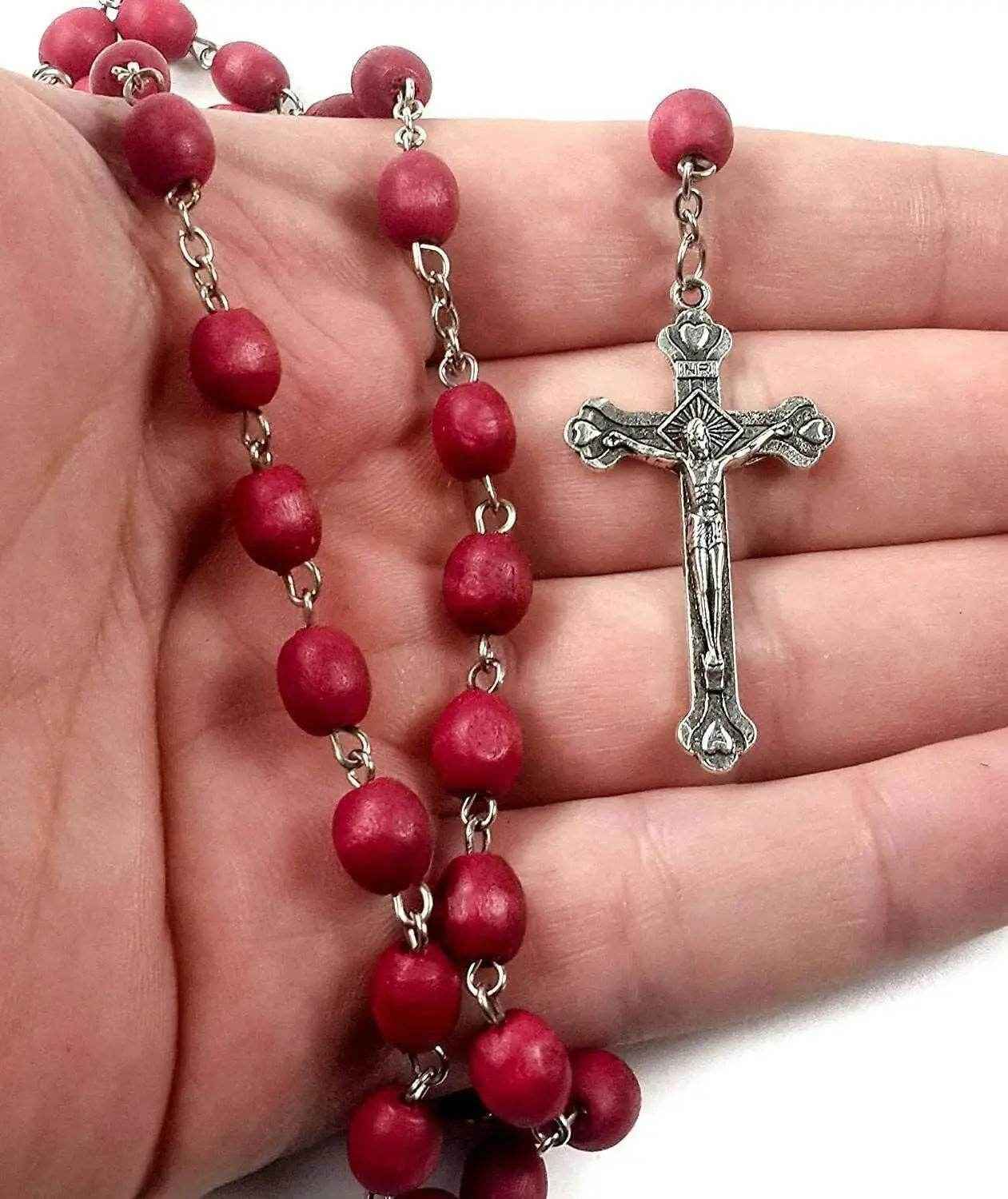 Rose Petal Rosary Beads Red Rare Carved Beads & Silver Plated cross