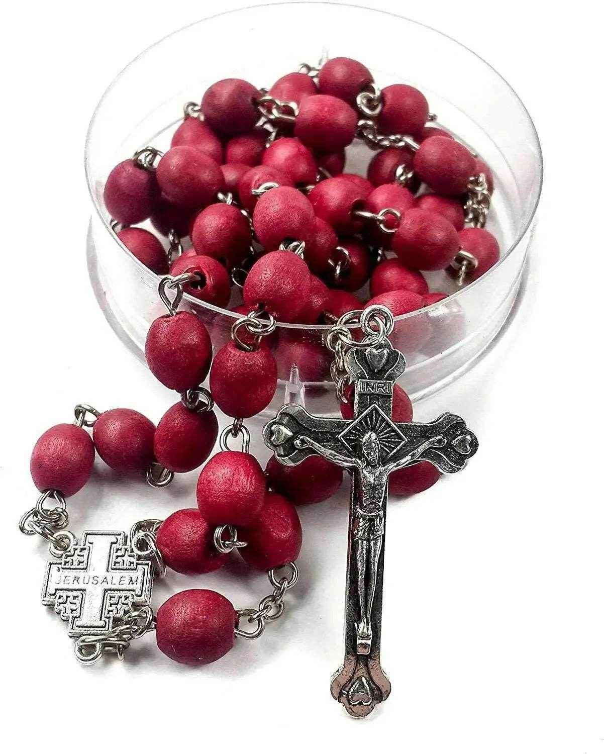 Rose Petal Rosary Beads Red Rare Carved Beads & Silver Plated cross
