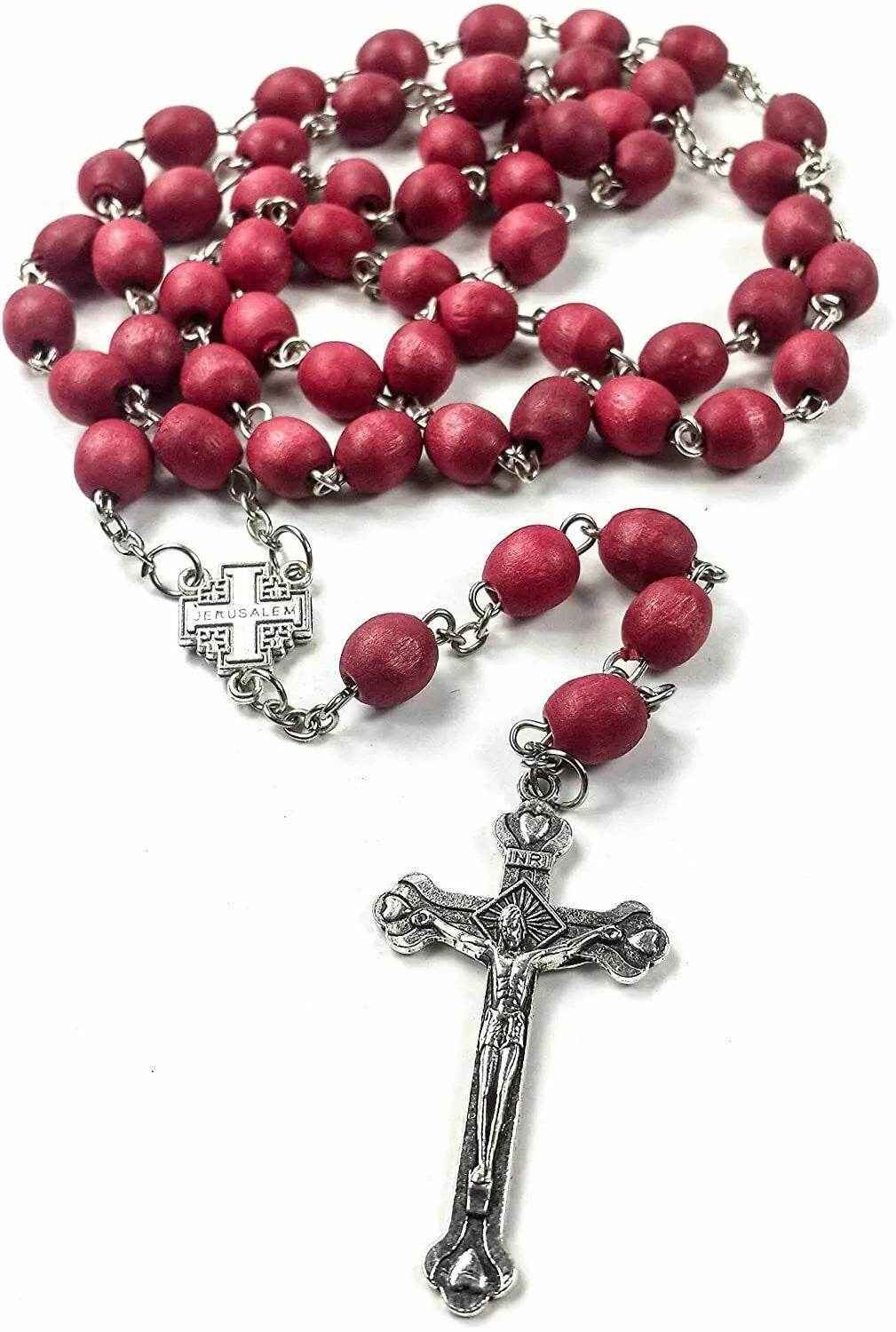 Rose Petal Rosary Beads Red Rare Carved Beads & Silver Plated cross