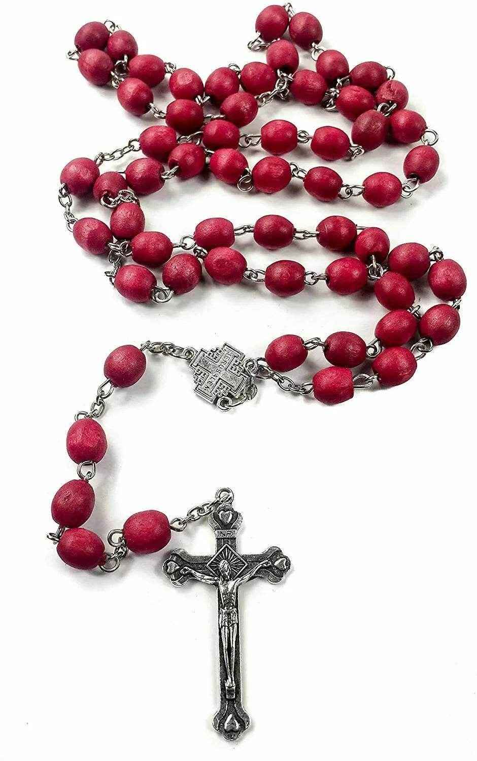 Rose Petal Rosary Beads Red Rare Carved Beads & Silver Plated cross