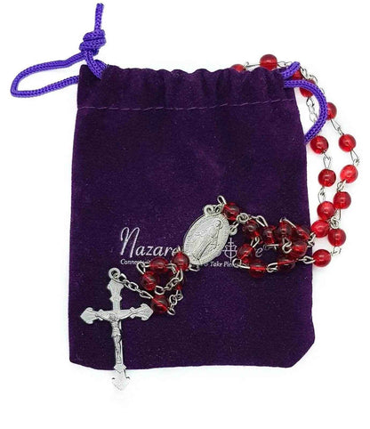 Round Red Glass Beads Rosary Necklace Miraculous Medal with Cross - Nazareth Store