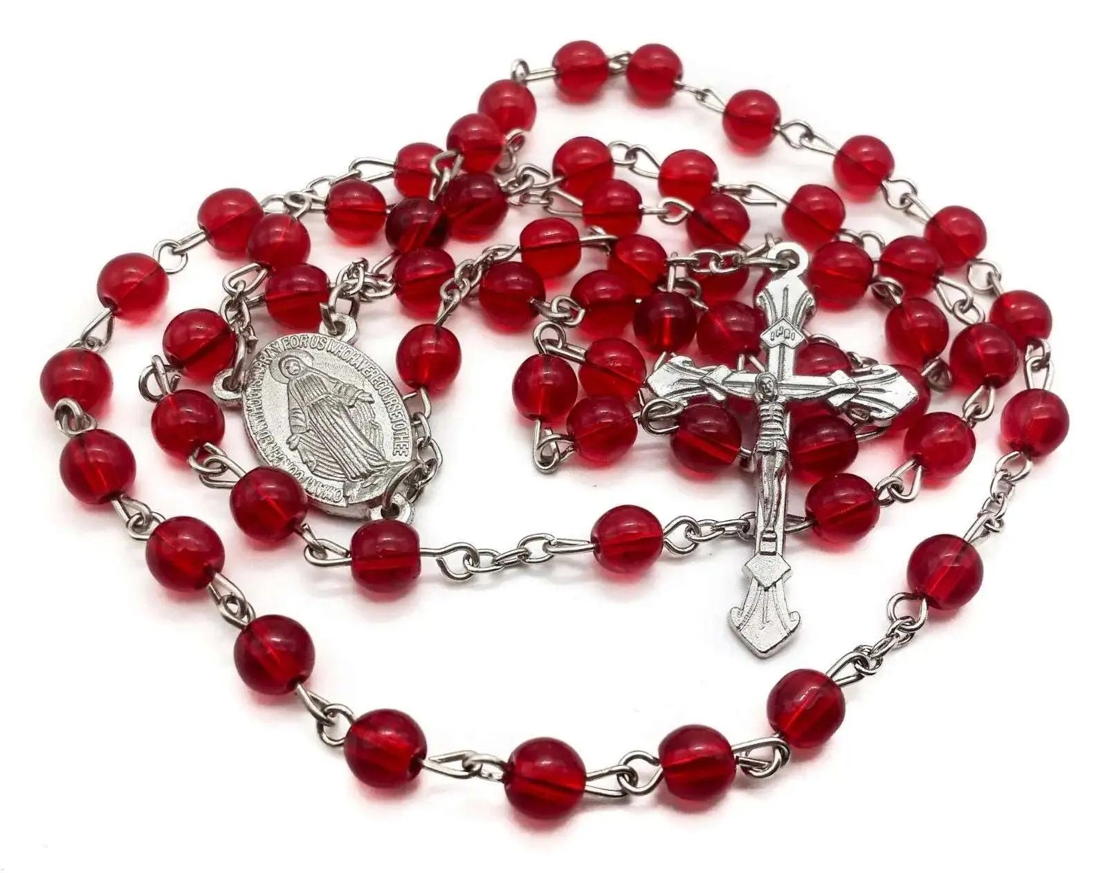 Round Red Glass Beads Rosary Necklace Miraculous Medal with Cross Nazareth Store