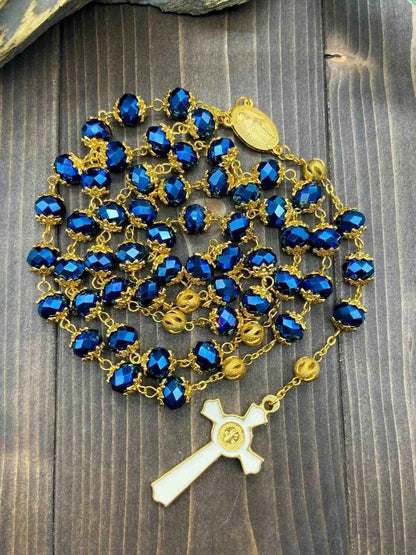 Deep Blue Crystal Rosary Necklace with Miraculous Medal & St. Benedict Crucifix - Nazareth Store