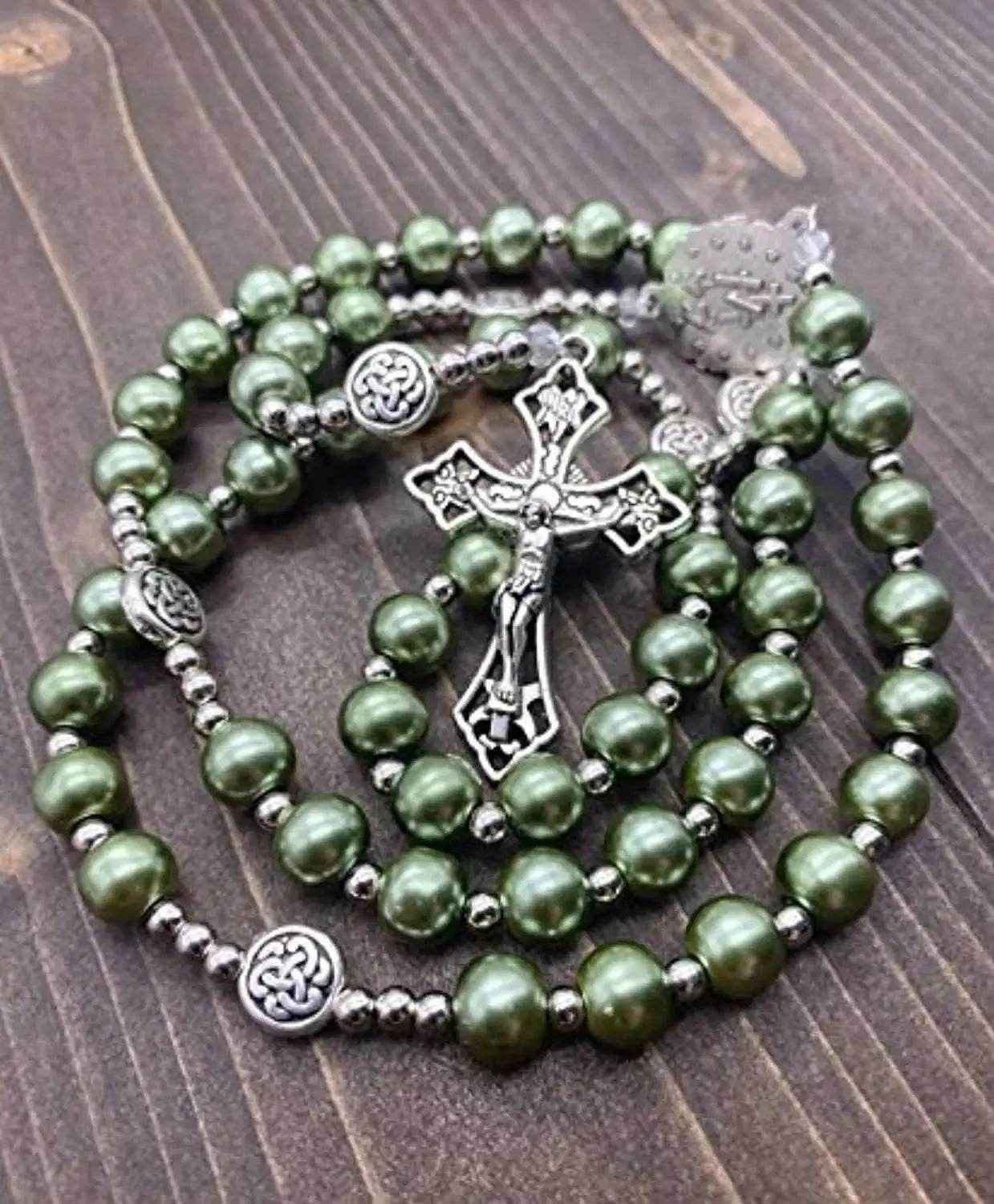 Green Pearl Rosary Necklace with Miraculous Medal & Cross Crucifix Catholic Prayer Beads - Nazareth Store