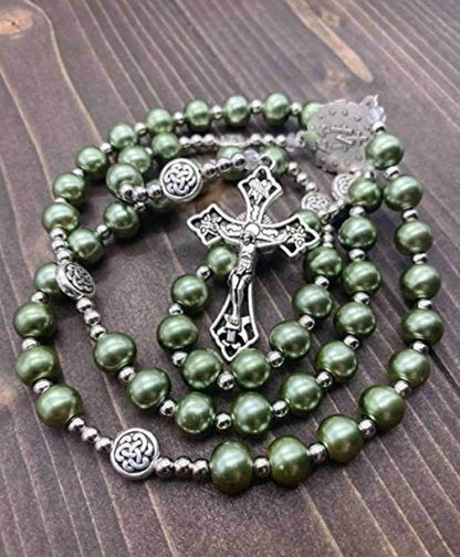 Green Pearl Rosary Necklace with Miraculous Medal & Cross Crucifix Catholic Prayer Beads - Nazareth Store