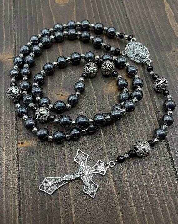 Hematite Black Stone 8mm Rosary Necklace with Miraculous Medal & Cross Crucifix - Nazareth Store