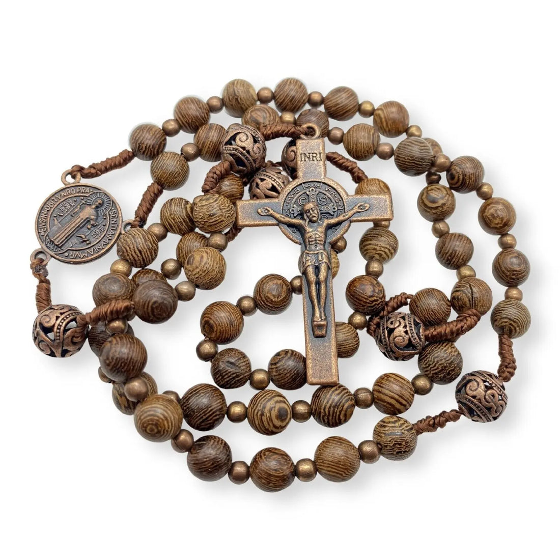 Sacred Wooden Rosary St Benedict Solid Wood & Metal Beads Catholic Chaplet 20" 