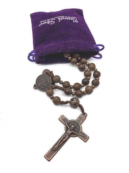 Sacred Wooden Rosary St Benedict Solid Wood & Metal Beads Catholic Chaplet 20" 