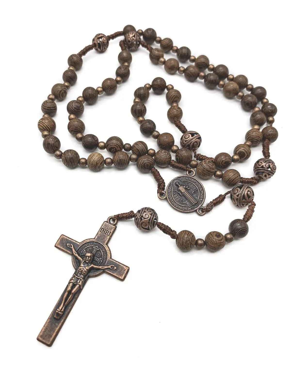 Olive Wood Rosary Necklace Catholic Solid Wooden Beads with St. Benedict Medal & Cross Crucifix - Nazareth Store