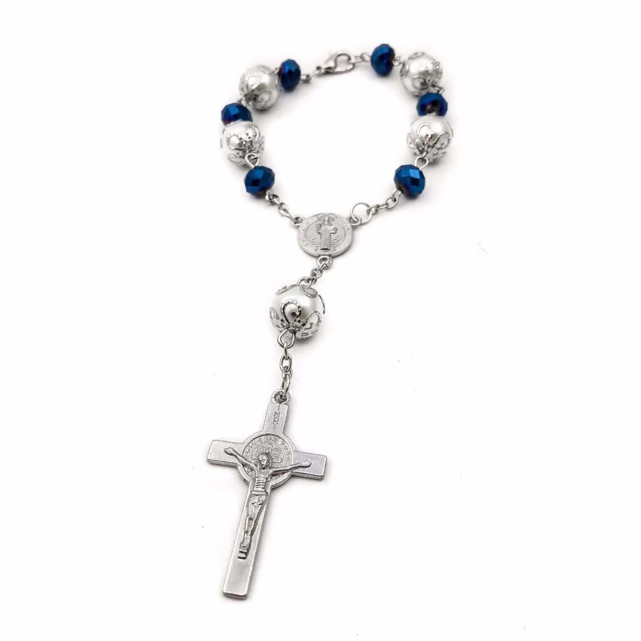 Saint Benedict Car Rosary Deep Blue Beads Chaplet Auro Rear view Jerusalem Nazareth Store