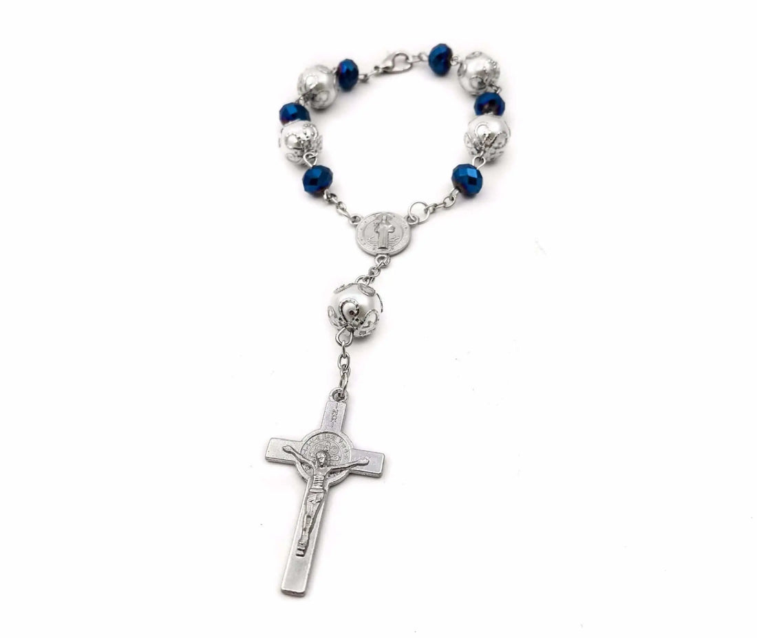 Saint Benedict Car Rosary Deep Blue Beads Chaplet Auro Rear view Jerusalem Nazareth Store