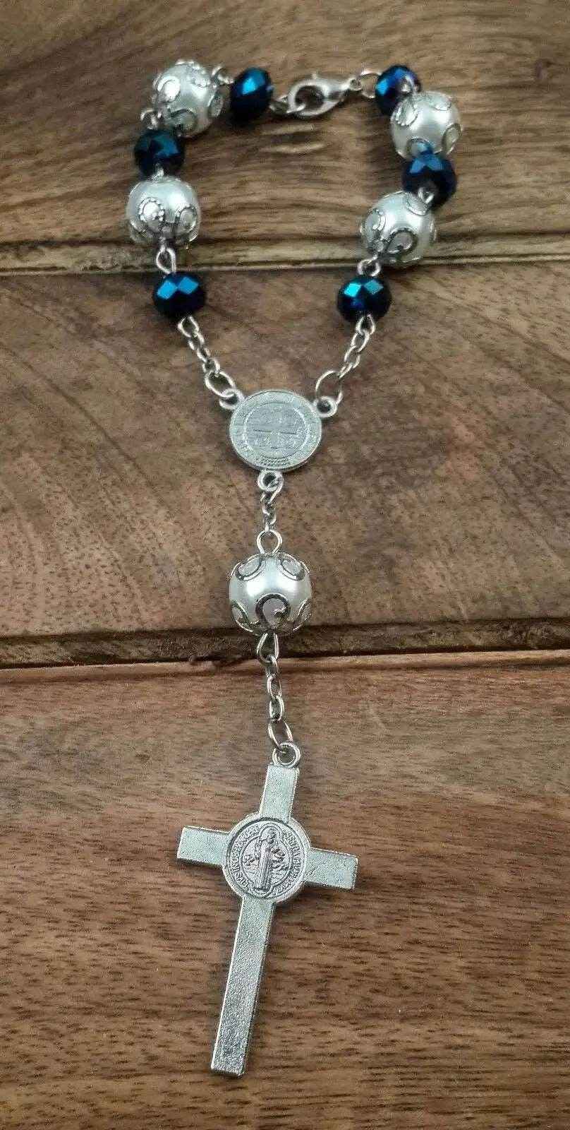 Saint Benedict Car Rosary Deep Blue Beads Chaplet Auro Rear view Jerusalem