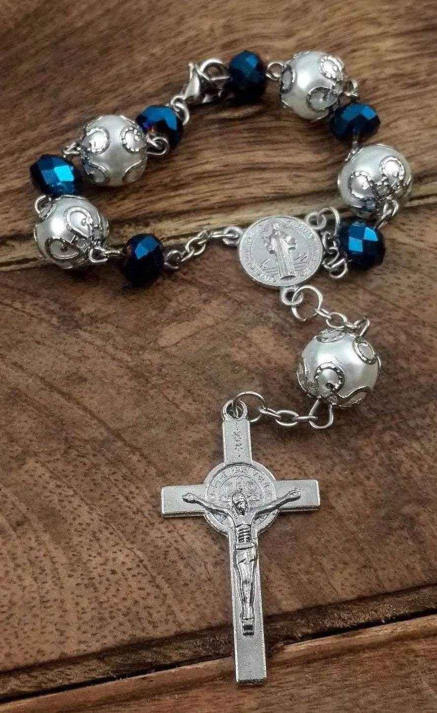 Saint Benedict Car Rosary Deep Blue Beads Chaplet Auro Rear view Jerusalem