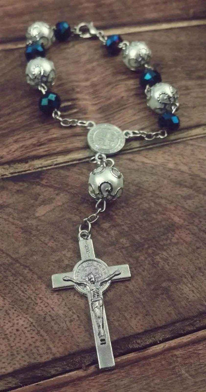Saint Benedict Car Rosary Deep Blue Beads Chaplet Auro Rear view Jerusalem
